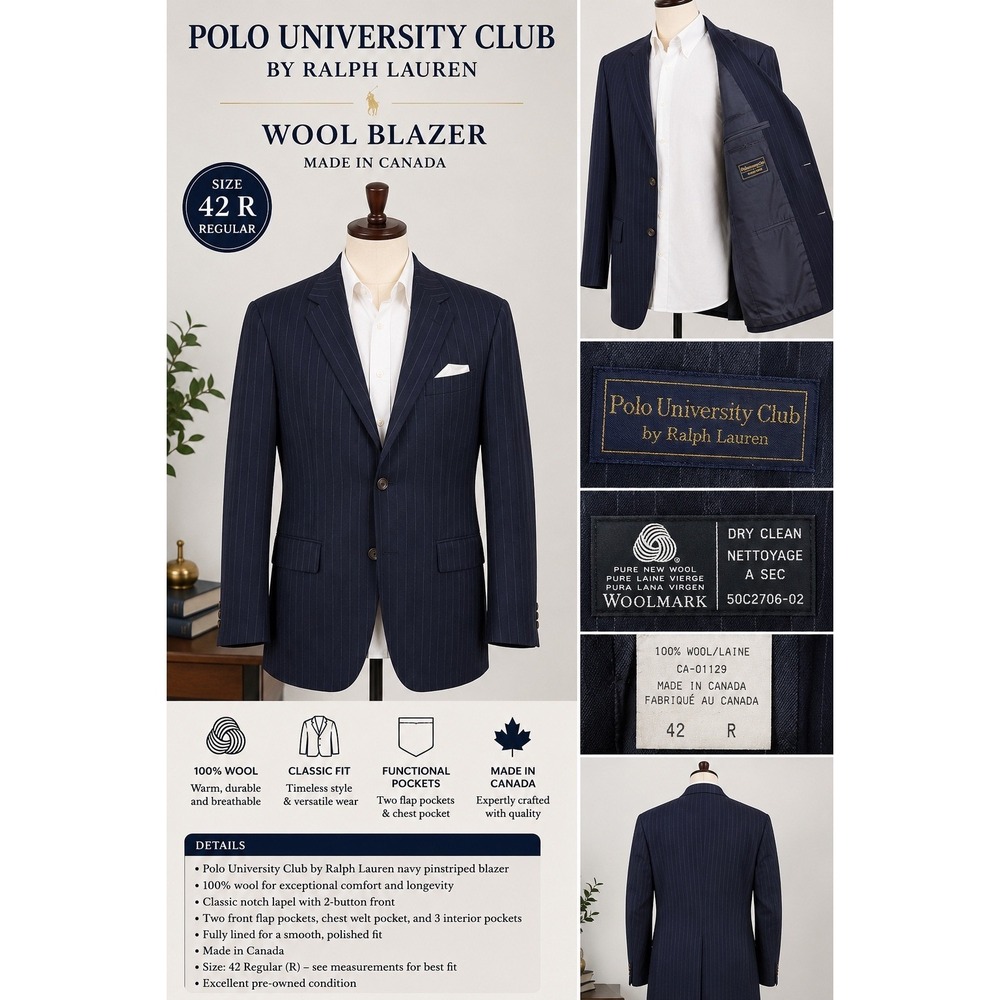 Polo University Club Ralph Lauren Blazer Mens 42R Navy Pinstripe Wool